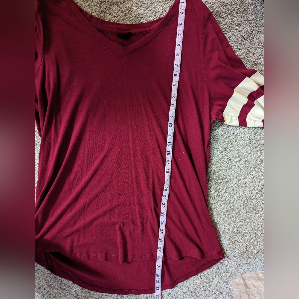 Torrid Heritage Slub V Neck Striped Maroon Football 3/4 Sleeves Tee - Picture 10 of 11